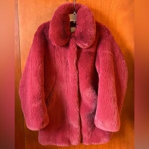 NWOT H&M Divided Red Faux Fur Long Teddy Jacket Coat sz XS fuzzy soft overcoat